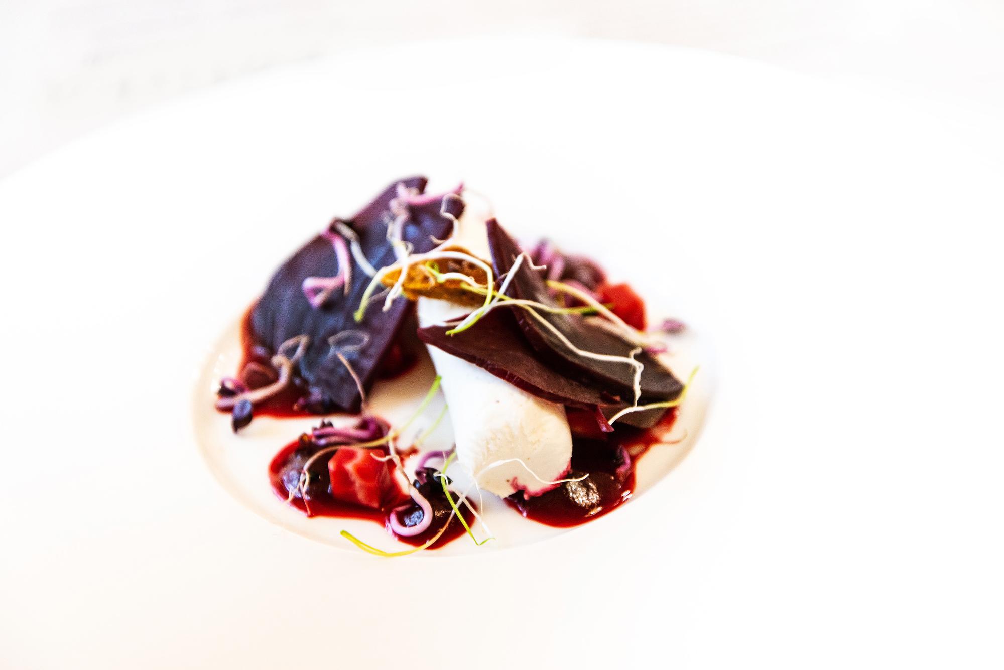 Close-up of plated avant-garde dish
