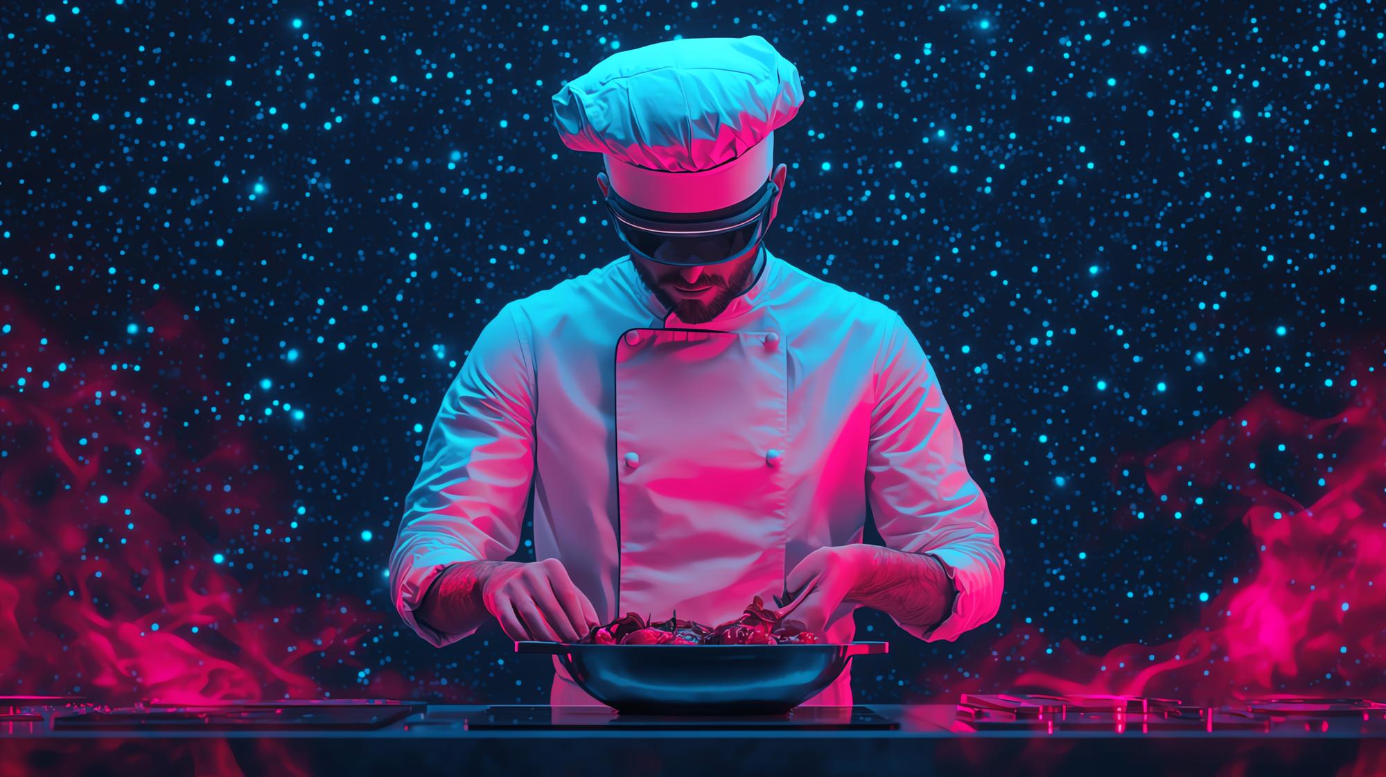 Chef demonstrating modern plating with neon lights